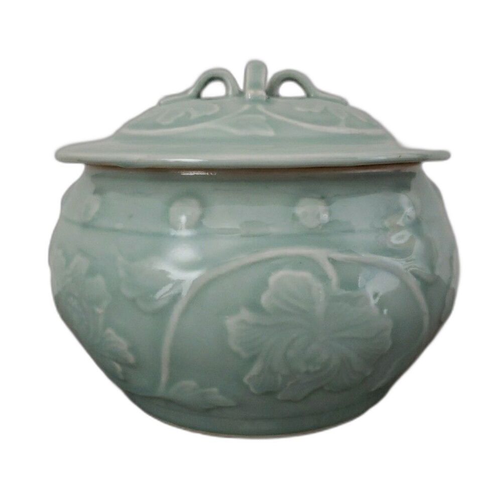 Chinese Longquan Celadon Ginger Jar Covered Dish Tureen Flower Blue Seal Stamp